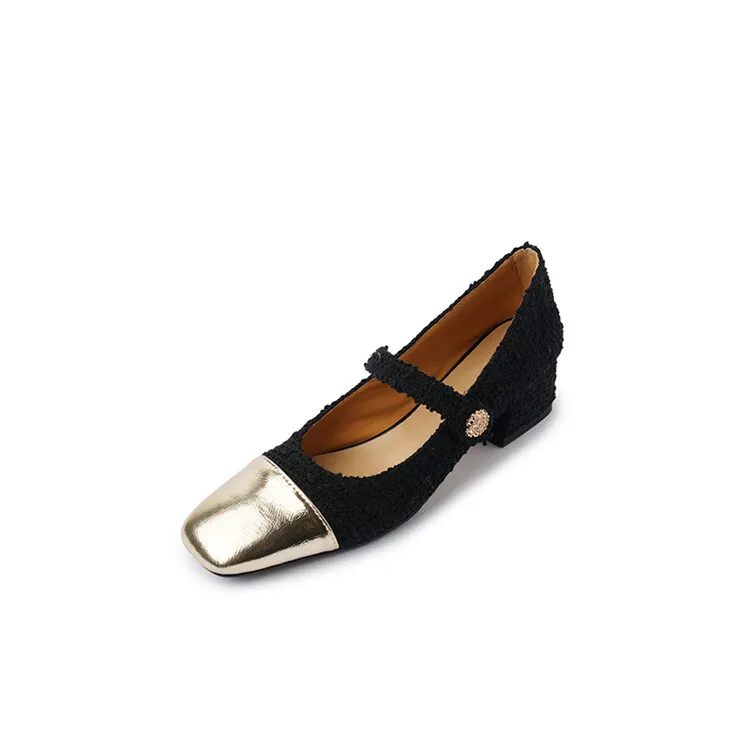 2023 Spring Chunky Heel Square Toe Color Block Single Shoes, Small Style, Black and White Fashionable Comfortable Women's Shoes 2-27