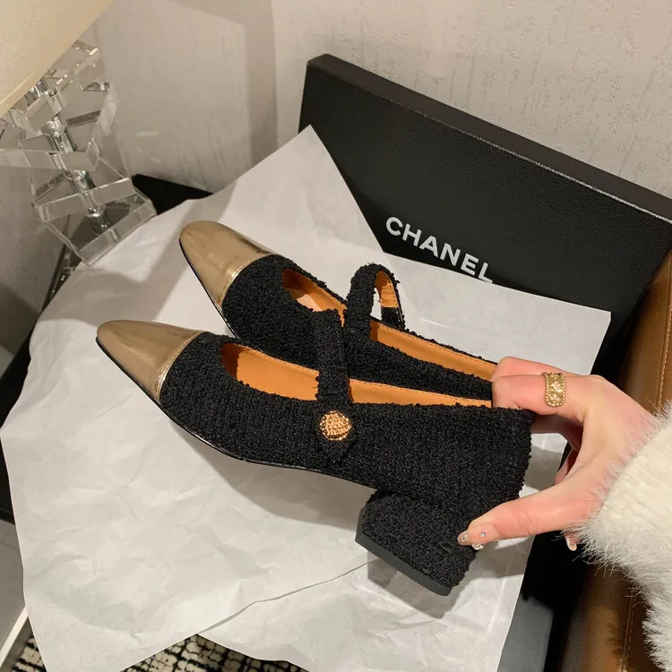 2023 Spring Chunky Heel Square Toe Color Block Single Shoes, Small Style, Black and White Fashionable Comfortable Women's Shoes 2-27