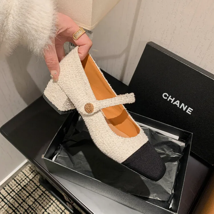 2023 Spring Chunky Heel Square Toe Color Block Single Shoes, Small Style, Black and White Fashionable Comfortable Women's Shoes 2-27