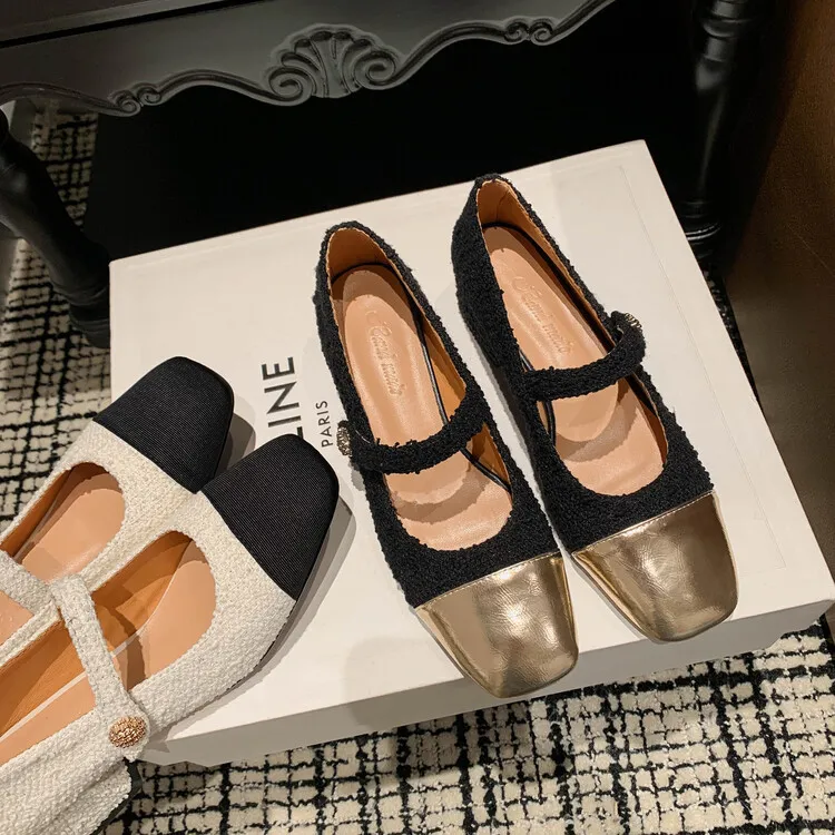 2023 Spring Chunky Heel Square Toe Color Block Single Shoes, Small Style, Black and White Fashionable Comfortable Women's Shoes 2-27