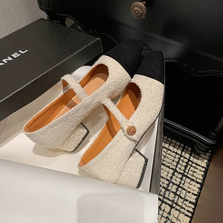 2023 Spring Chunky Heel Square Toe Color Block Single Shoes, Small Style, Black and White Fashionable Comfortable Women's Shoes 2-27