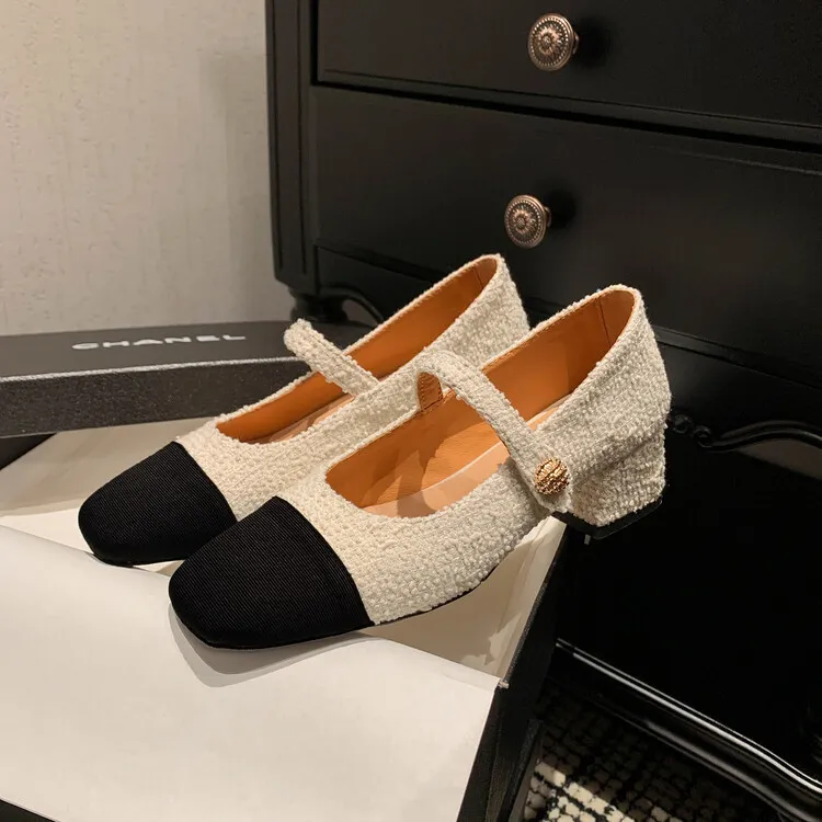 2023 Spring Chunky Heel Square Toe Color Block Single Shoes, Small Style, Black and White Fashionable Comfortable Women's Shoes 2-27