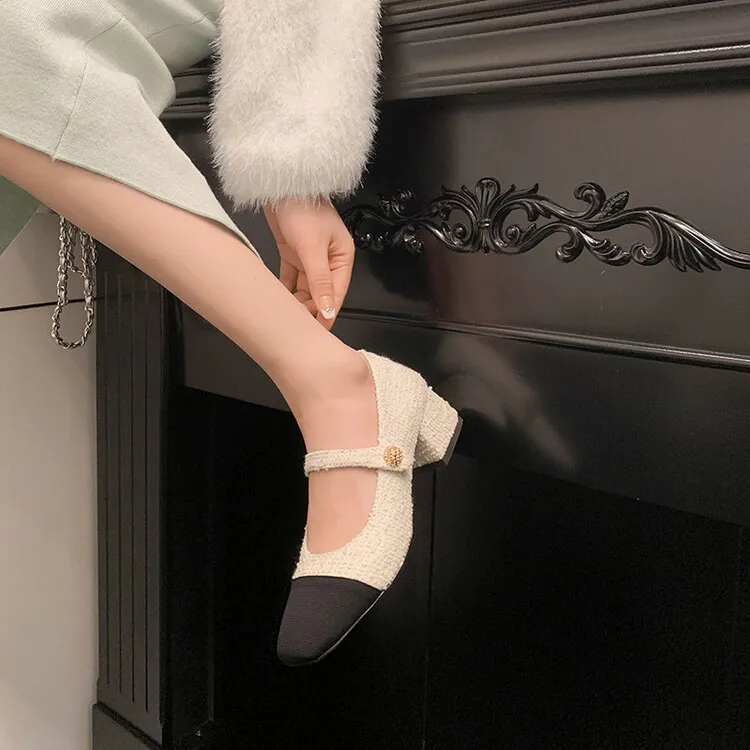 2023 Spring Chunky Heel Square Toe Color Block Single Shoes, Small Style, Black and White Fashionable Comfortable Women's Shoes 2-27