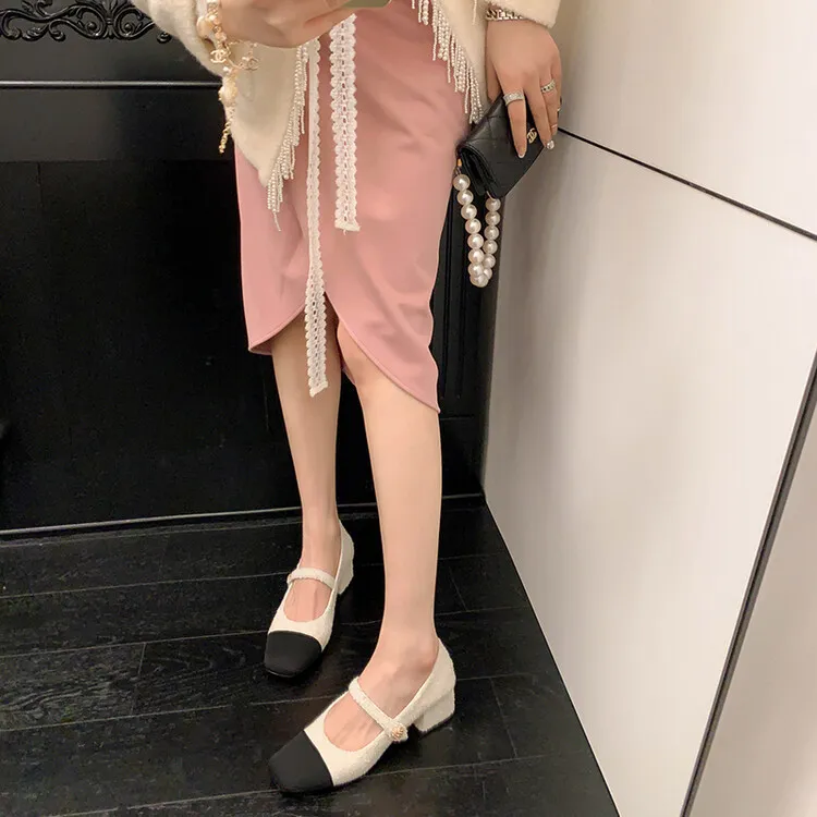 2023 Spring Chunky Heel Square Toe Color Block Single Shoes, Small Style, Black and White Fashionable Comfortable Women's Shoes 2-27