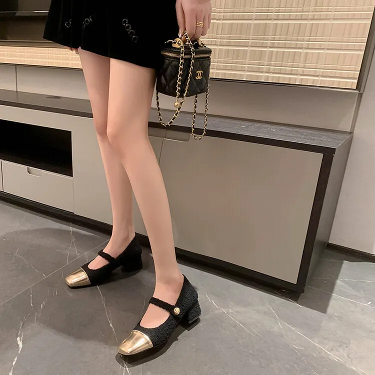2023 Spring Chunky Heel Square Toe Color Block Single Shoes, Small Style, Black and White Fashionable Comfortable Women's Shoes 2-27