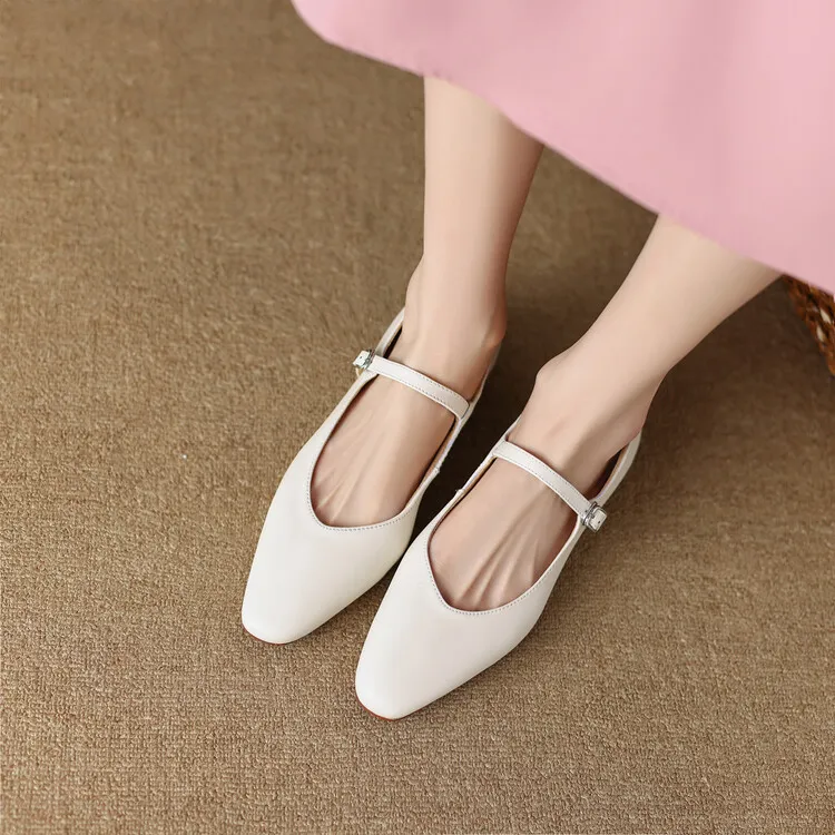 Spring square-toe flat Mary Jane buckle shoes, beige and apricot leather, plus sizes available, comfortable women's shoes.