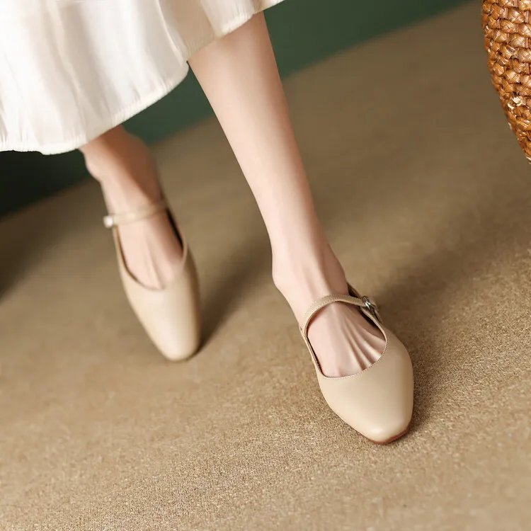 Spring square-toe flat Mary Jane buckle shoes, beige and apricot leather, plus sizes available, comfortable women's shoes.
