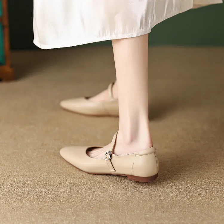 Spring square-toe flat Mary Jane buckle shoes, beige and apricot leather, plus sizes available, comfortable women's shoes.