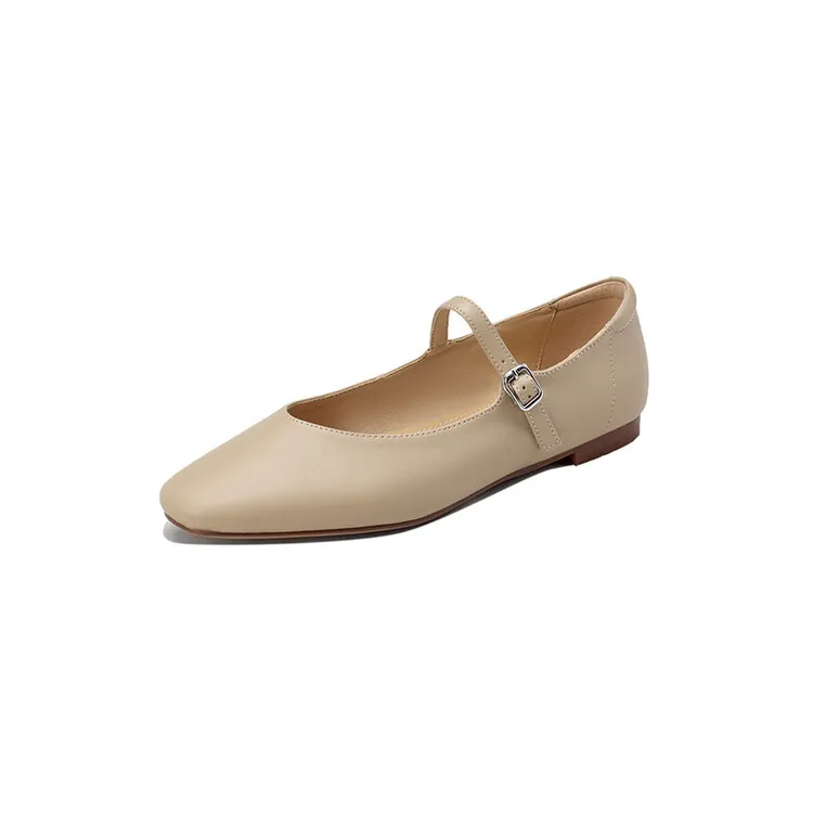 Spring square-toe flat Mary Jane buckle shoes, beige and apricot leather, plus sizes available, comfortable women's shoes.