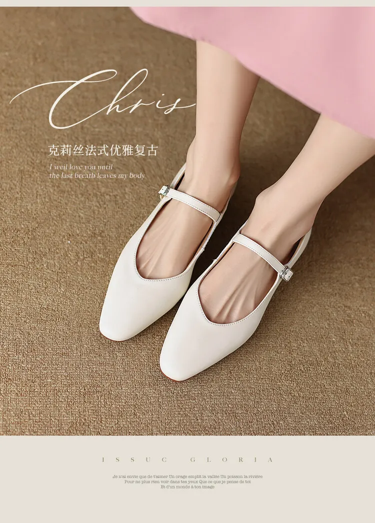 Spring square-toe flat Mary Jane buckle shoes, beige and apricot leather, plus sizes available, comfortable women's shoes.
