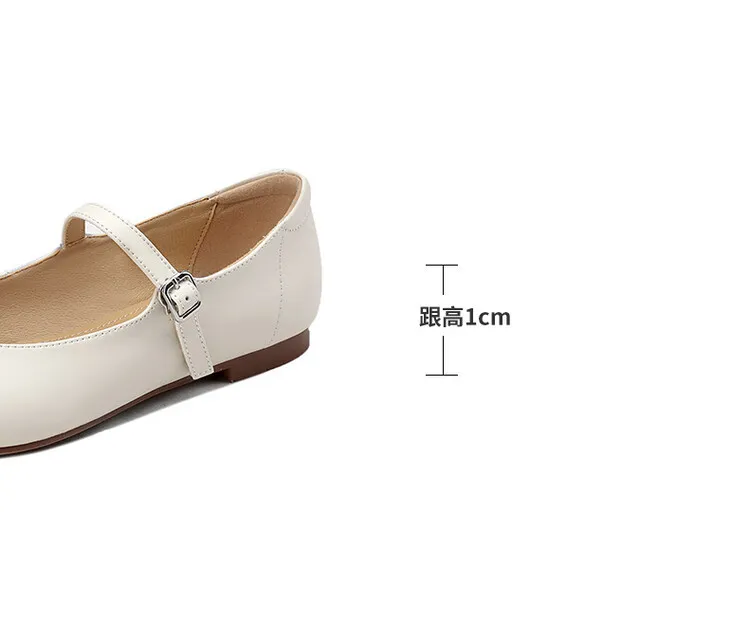 Spring square-toe flat Mary Jane buckle shoes, beige and apricot leather, plus sizes available, comfortable women's shoes.