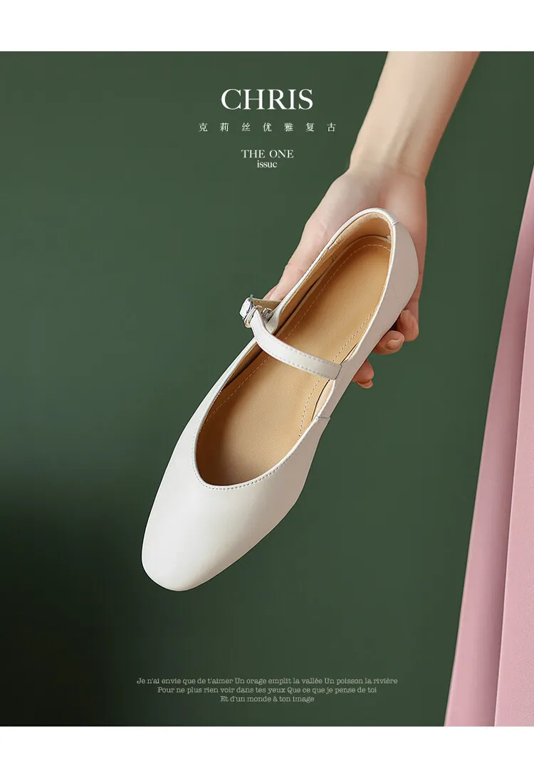 Spring square-toe flat Mary Jane buckle shoes, beige and apricot leather, plus sizes available, comfortable women's shoes.