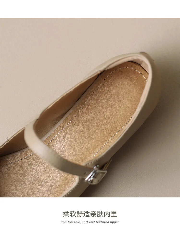 Spring square-toe flat Mary Jane buckle shoes, beige and apricot leather, plus sizes available, comfortable women's shoes.