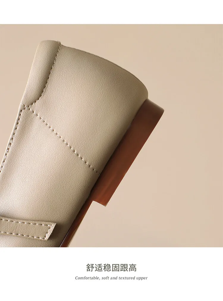 Spring square-toe flat Mary Jane buckle shoes, beige and apricot leather, plus sizes available, comfortable women's shoes.