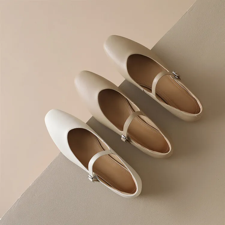 Spring square-toe flat Mary Jane buckle shoes, beige and apricot leather, plus sizes available, comfortable women's shoes.