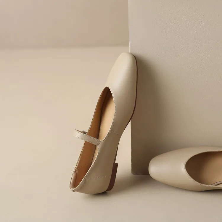 Spring square-toe flat Mary Jane buckle shoes, beige and apricot leather, plus sizes available, comfortable women's shoes.
