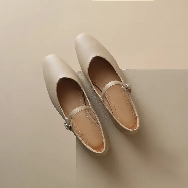 Spring square-toe flat Mary Jane buckle shoes, beige and apricot leather, plus sizes available, comfortable women's shoes.