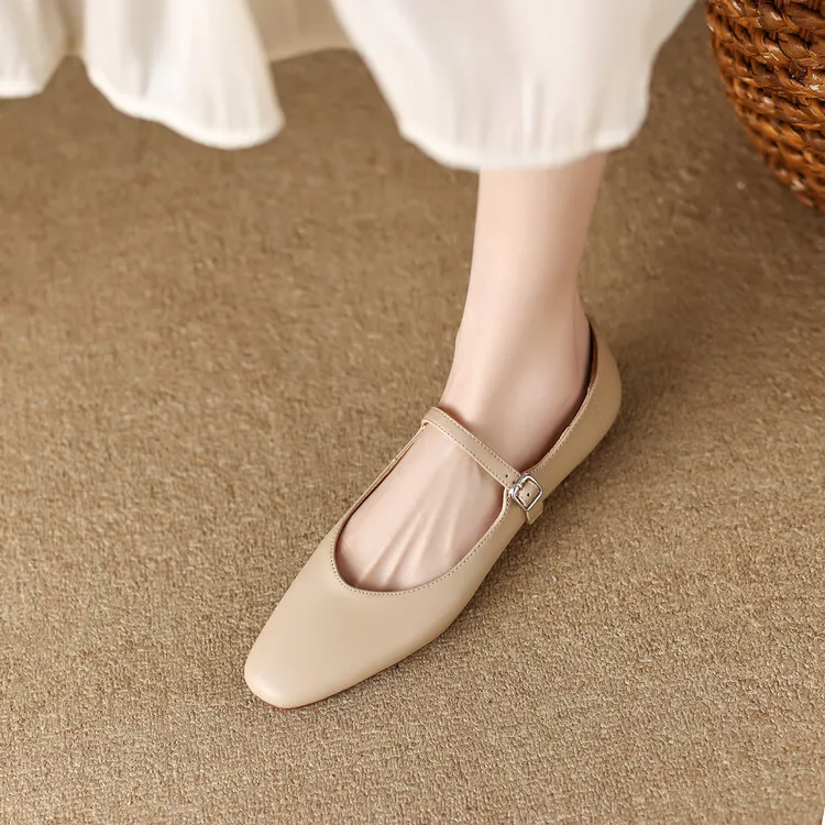 Spring square-toe flat Mary Jane buckle shoes, beige and apricot leather, plus sizes available, comfortable women's shoes.