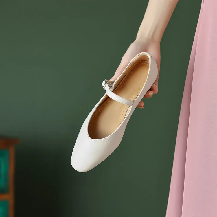 Spring square-toe flat Mary Jane buckle shoes, beige and apricot leather, plus sizes available, comfortable women's shoes.