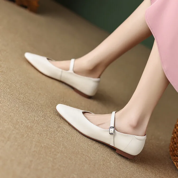 Spring square-toe flat Mary Jane buckle shoes, beige and apricot leather, plus sizes available, comfortable women's shoes.
