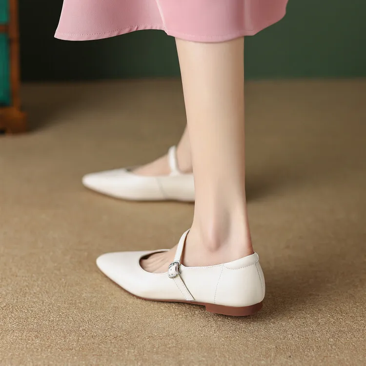 Spring square-toe flat Mary Jane buckle shoes, beige and apricot leather, plus sizes available, comfortable women's shoes.