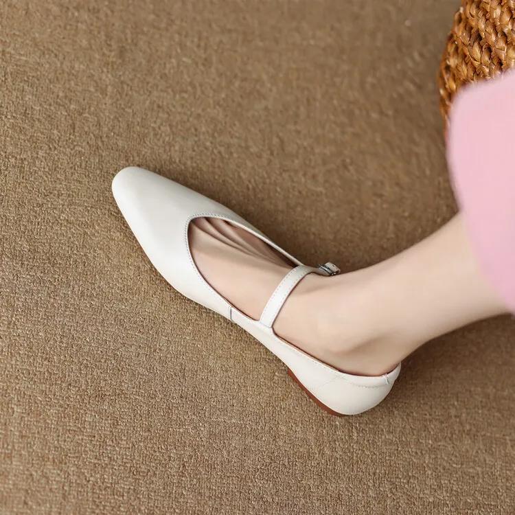 Spring square-toe flat Mary Jane buckle shoes, beige and apricot leather, plus sizes available, comfortable women's shoes.
