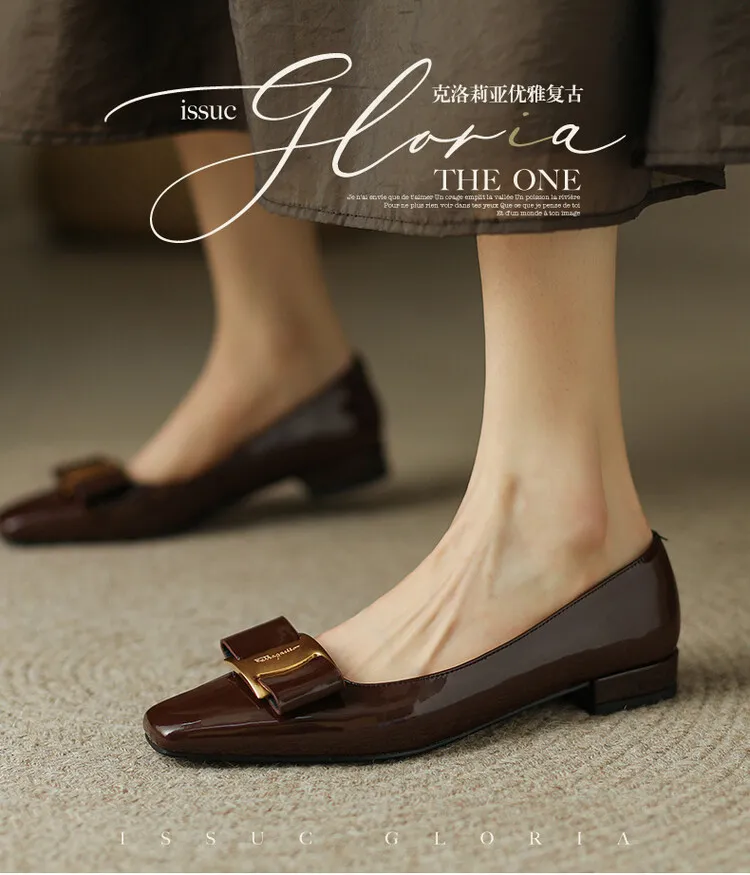 Fashionable Spring/Summer Square Toe Low-Heeled Slip-On Black Women's Fashion Shoes (3-3q)