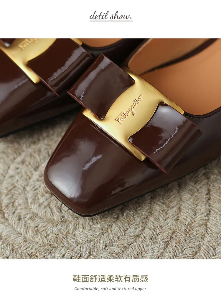 Fashionable Spring/Summer Square Toe Low-Heeled Slip-On Black Women's Fashion Shoes (3-3q)