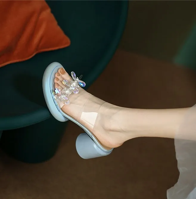 Summer round-toe high-heeled column-heel buckle comfortable sandals, fashionable studded slippers, waterproof platform women's shoes 3-3L
