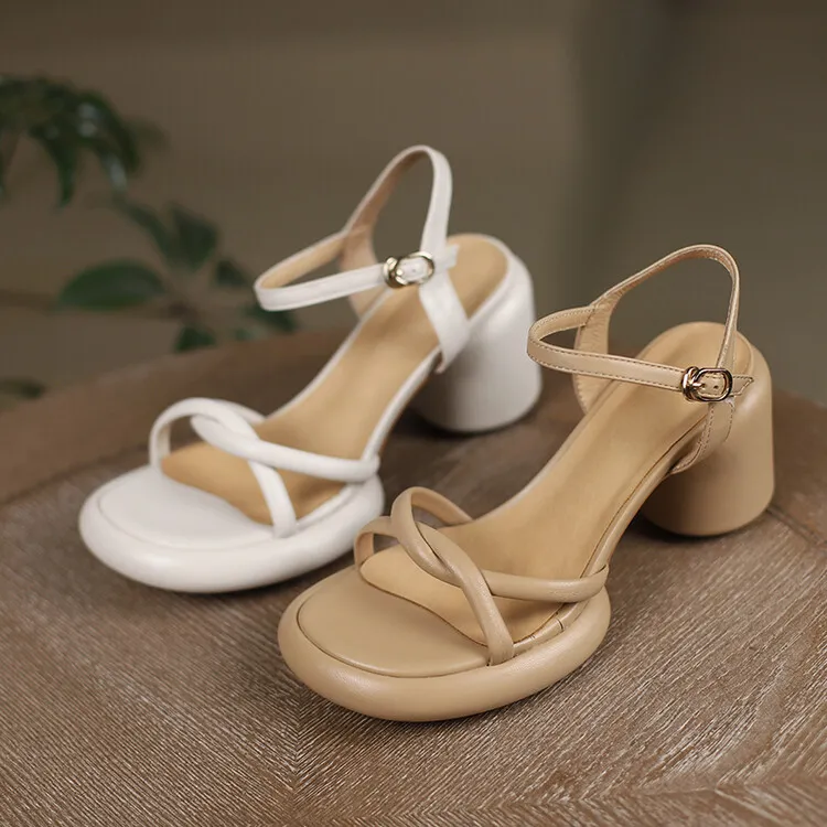 Summer round-toe high-heeled column-heel buckle comfortable sandals, fashionable studded slippers, waterproof platform women's shoes 3-3L