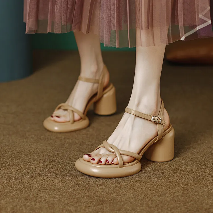 Summer round-toe high-heeled column-heel buckle comfortable sandals, fashionable studded slippers, waterproof platform women's shoes 3-3L
