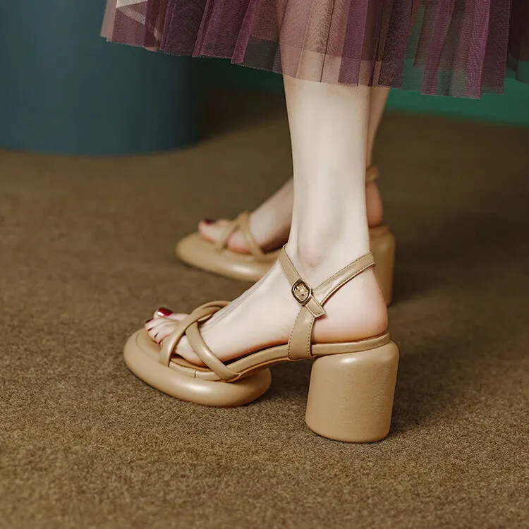 Summer round-toe high-heeled column-heel buckle comfortable sandals, fashionable studded slippers, waterproof platform women's shoes 3-3L