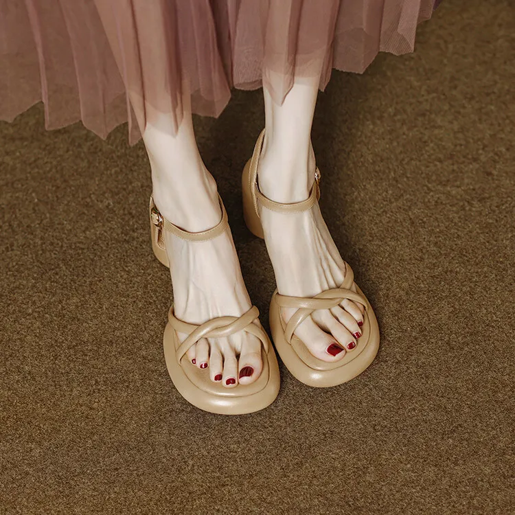 Summer round-toe high-heeled column-heel buckle comfortable sandals, fashionable studded slippers, waterproof platform women's shoes 3-3L