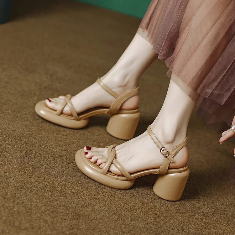 Summer round-toe high-heeled column-heel buckle comfortable sandals, fashionable studded slippers, waterproof platform women's shoes 3-3L