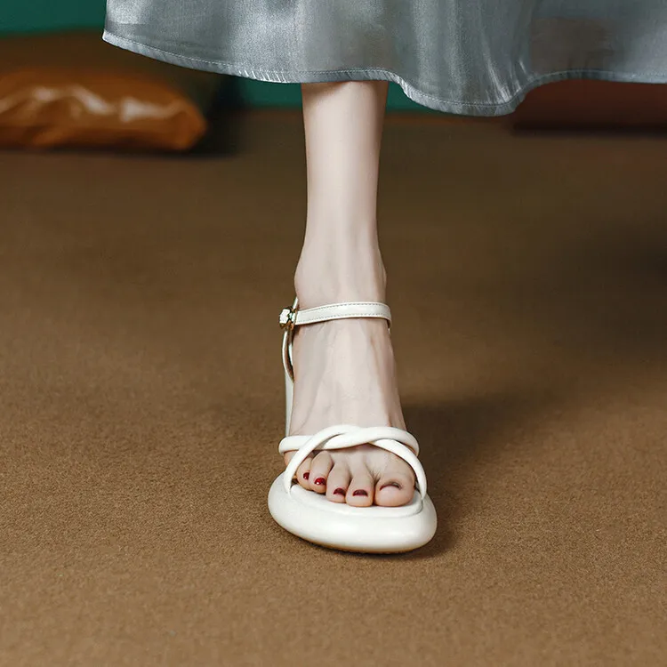 Summer round-toe high-heeled column-heel buckle comfortable sandals, fashionable studded slippers, waterproof platform women's shoes 3-3L