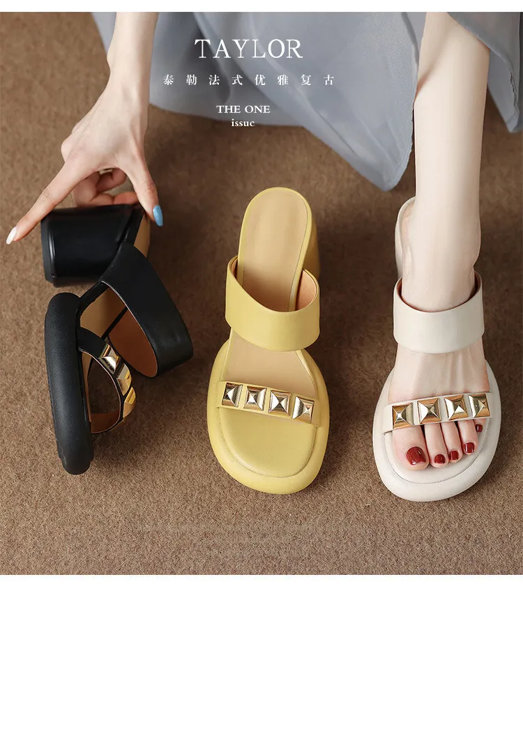 Summer round-toe high-heeled column-heel buckle comfortable sandals, fashionable studded slippers, waterproof platform women's shoes 3-3L