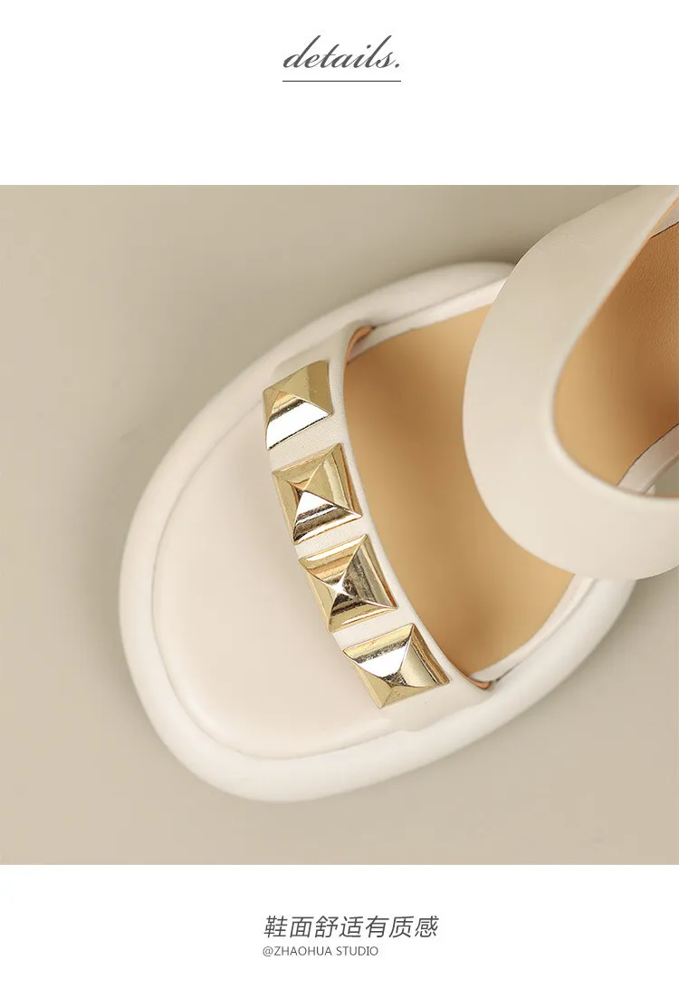 Summer round-toe high-heeled column-heel buckle comfortable sandals, fashionable studded slippers, waterproof platform women's shoes 3-3L