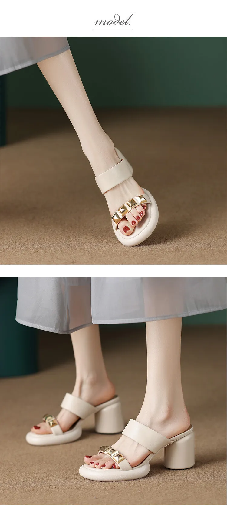 Summer round-toe high-heeled column-heel buckle comfortable sandals, fashionable studded slippers, waterproof platform women's shoes 3-3L