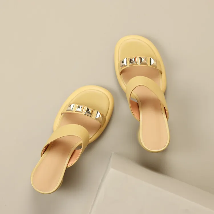 Summer round-toe high-heeled column-heel buckle comfortable sandals, fashionable studded slippers, waterproof platform women's shoes 3-3L