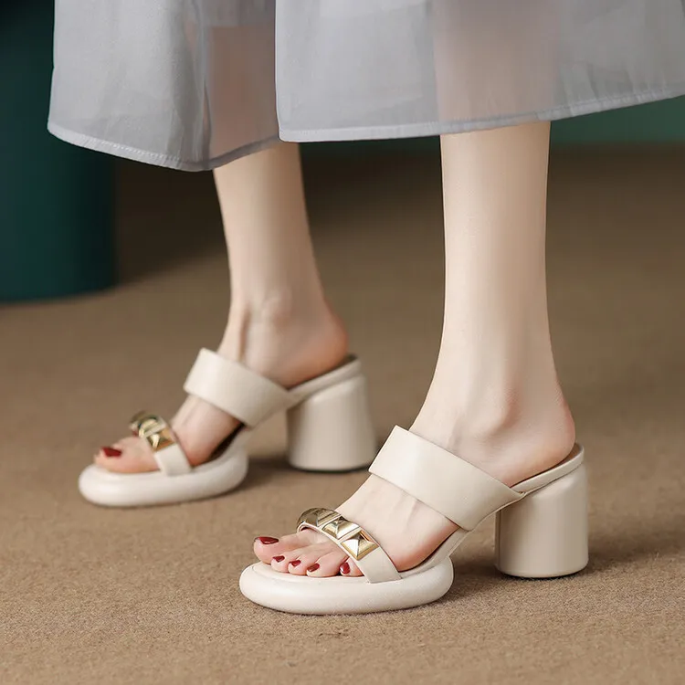 Summer round-toe high-heeled column-heel buckle comfortable sandals, fashionable studded slippers, waterproof platform women's shoes 3-3L