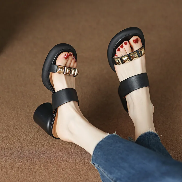 Summer round-toe high-heeled column-heel buckle comfortable sandals, fashionable studded slippers, waterproof platform women's shoes 3-3L