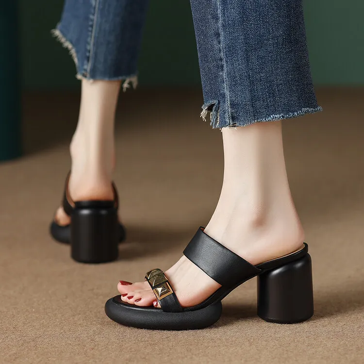 Summer round-toe high-heeled column-heel buckle comfortable sandals, fashionable studded slippers, waterproof platform women's shoes 3-3L