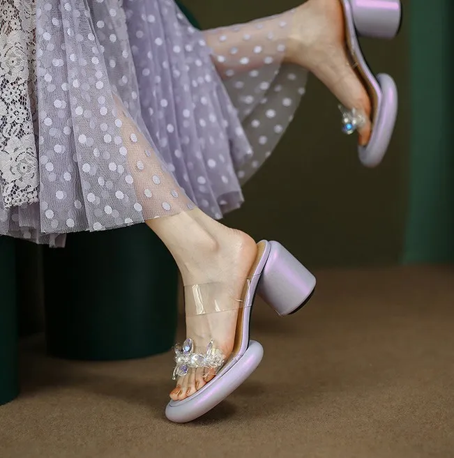 Summer round-toe high-heeled column-heel buckle comfortable sandals, fashionable studded slippers, waterproof platform women's shoes 3-3L