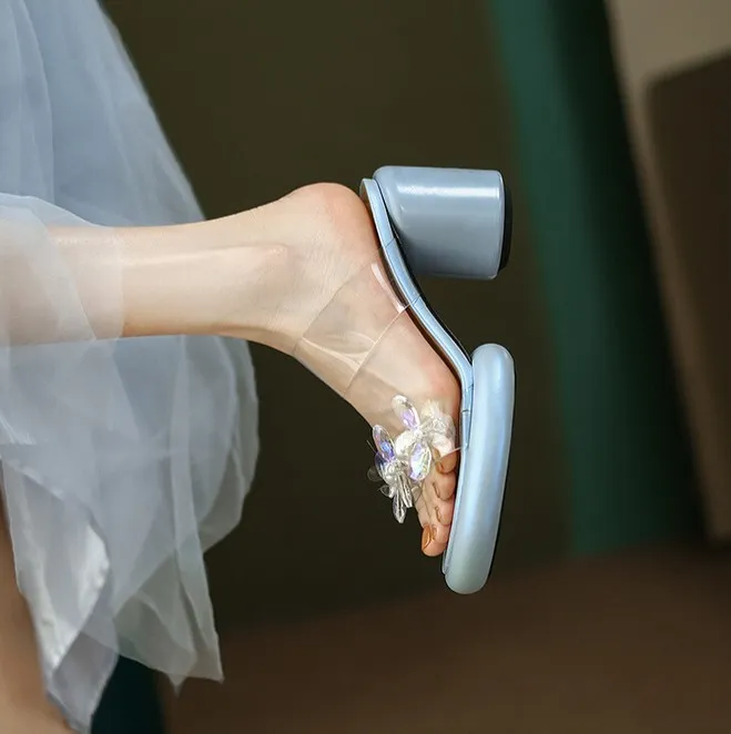 Summer round-toe high-heeled column-heel buckle comfortable sandals, fashionable studded slippers, waterproof platform women's shoes 3-3L