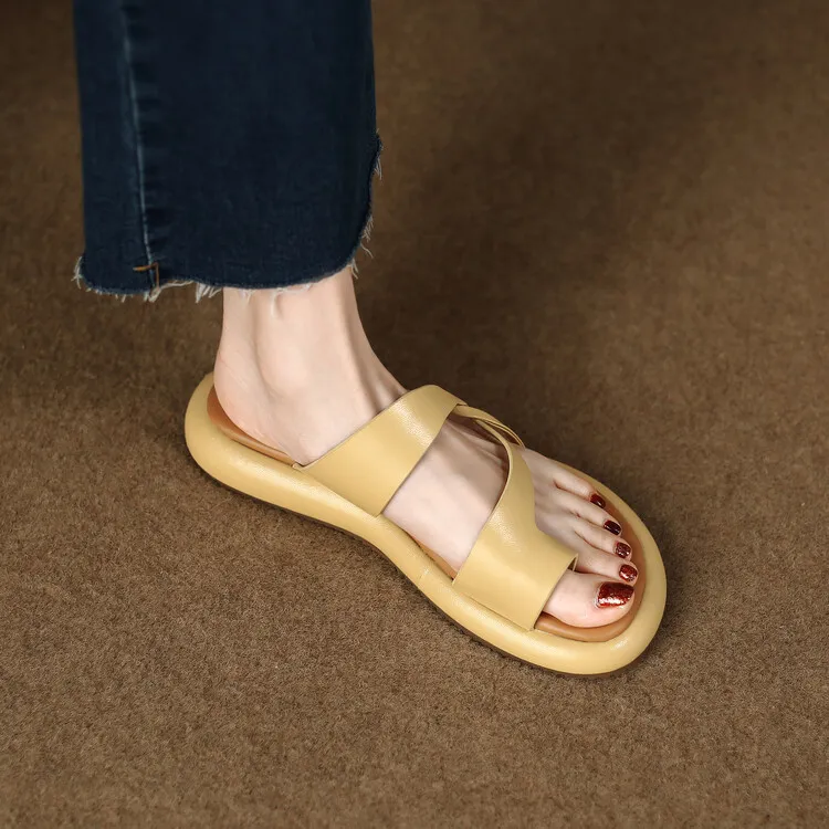 2023 Summer Slippers, Round Toe, Leather, Slip-on Toe, Casual and Comfortable Women's Shoes, Off-White/Yellow, 3-8a
