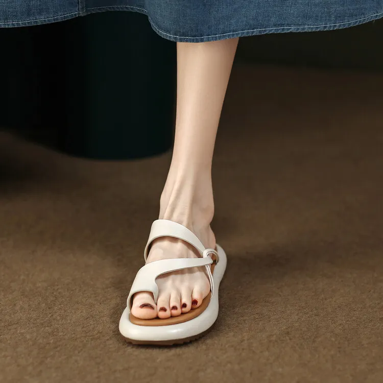 2023 Summer Slippers, Round Toe, Leather, Slip-on Toe, Casual and Comfortable Women's Shoes, Off-White/Yellow, 3-8a
