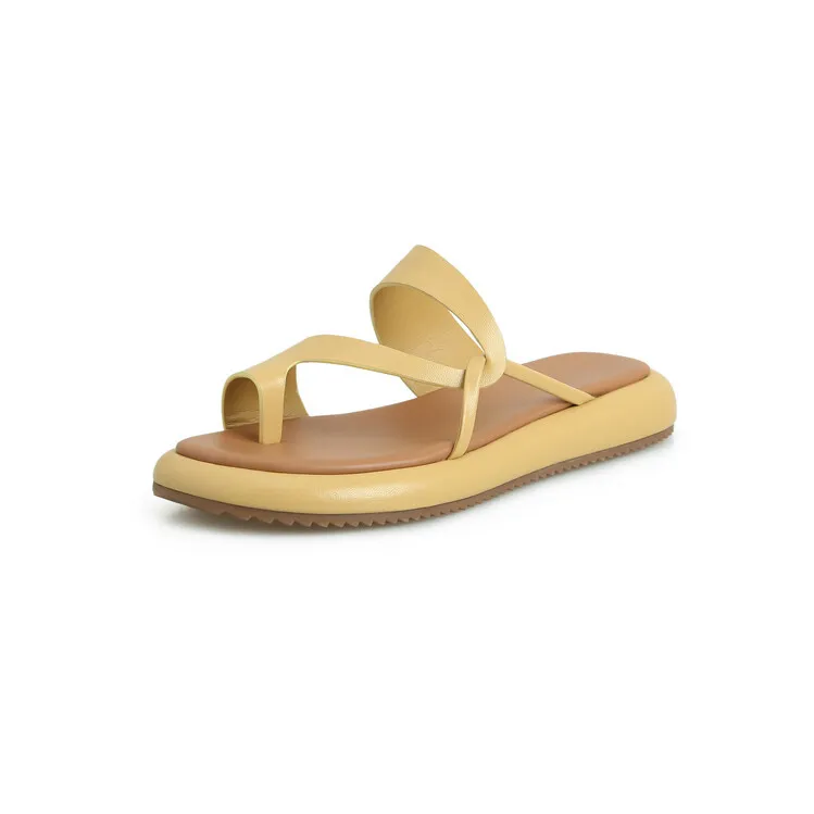 2023 Summer Slippers, Round Toe, Leather, Slip-on Toe, Casual and Comfortable Women's Shoes, Off-White/Yellow, 3-8a