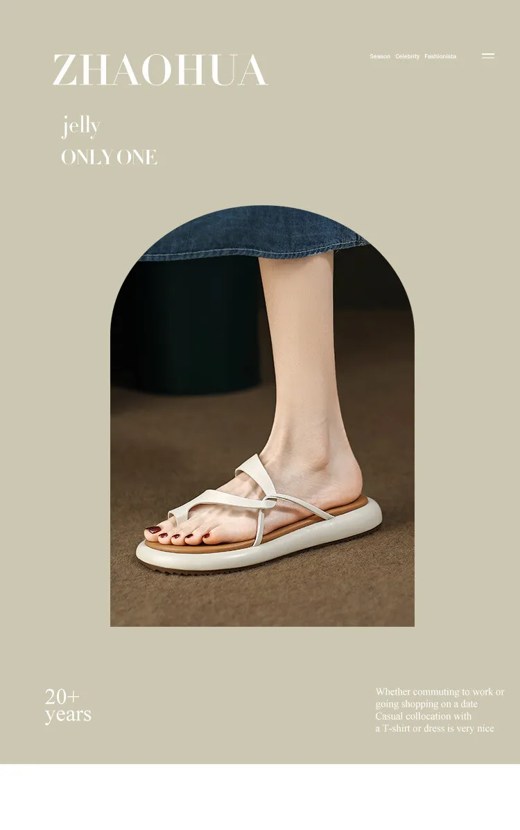 2023 Summer Slippers, Round Toe, Leather, Slip-on Toe, Casual and Comfortable Women's Shoes, Off-White/Yellow, 3-8a