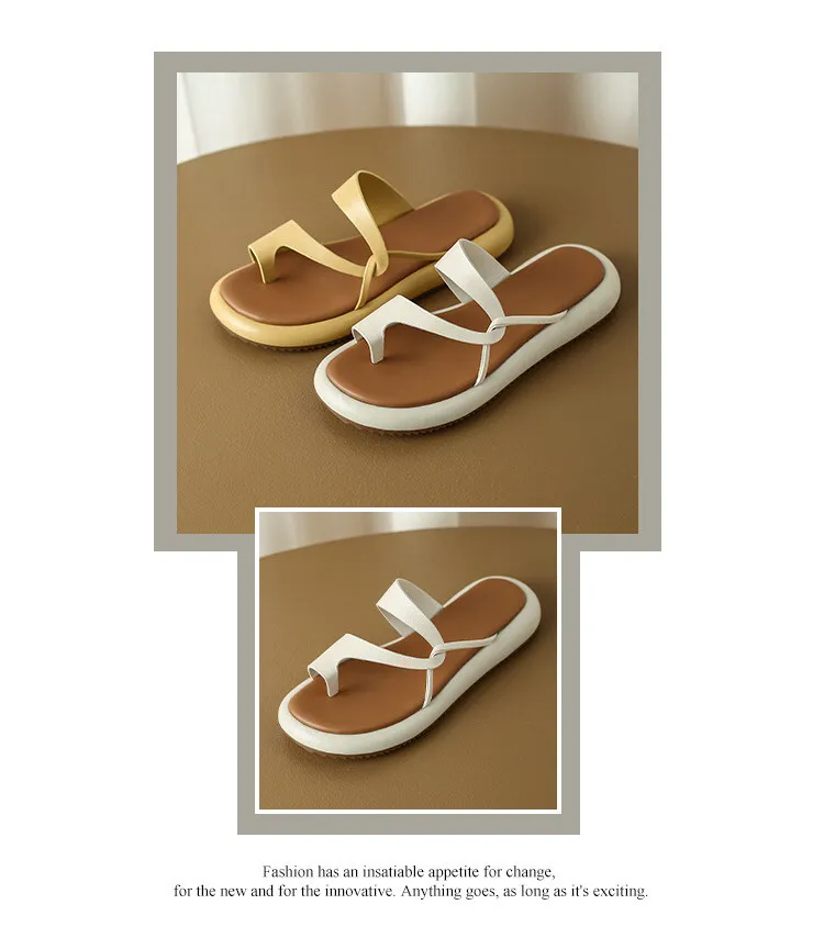 2023 Summer Slippers, Round Toe, Leather, Slip-on Toe, Casual and Comfortable Women's Shoes, Off-White/Yellow, 3-8a