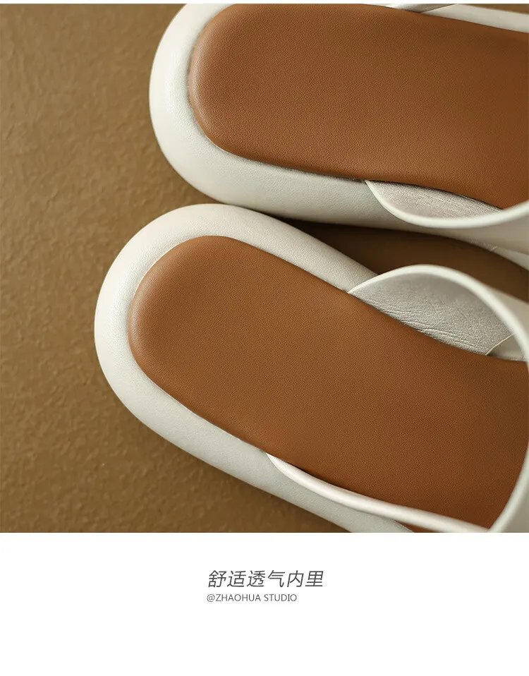 2023 Summer Slippers, Round Toe, Leather, Slip-on Toe, Casual and Comfortable Women's Shoes, Off-White/Yellow, 3-8a